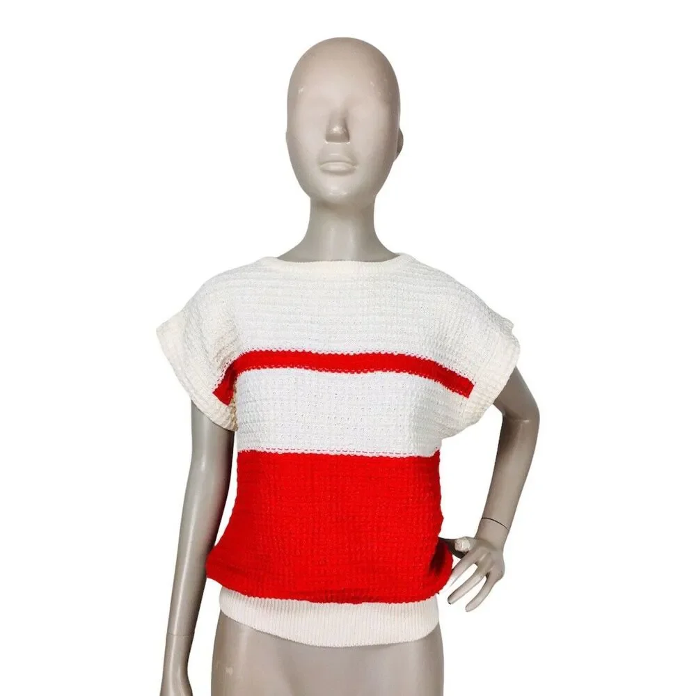 Vintage 80s Liz Sport Color Block Waffle Knit Short Sleeve Pullover Sweater Top - Picture 4 of 7